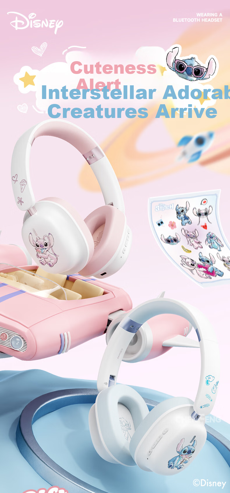 DISNEY DS-21 Stitch Over-Ear Bluetooth Wireless Noise-Cancelling Headphones Couple Edition Office Computer Music Headset Student Valentine's Day Gift Box 2
