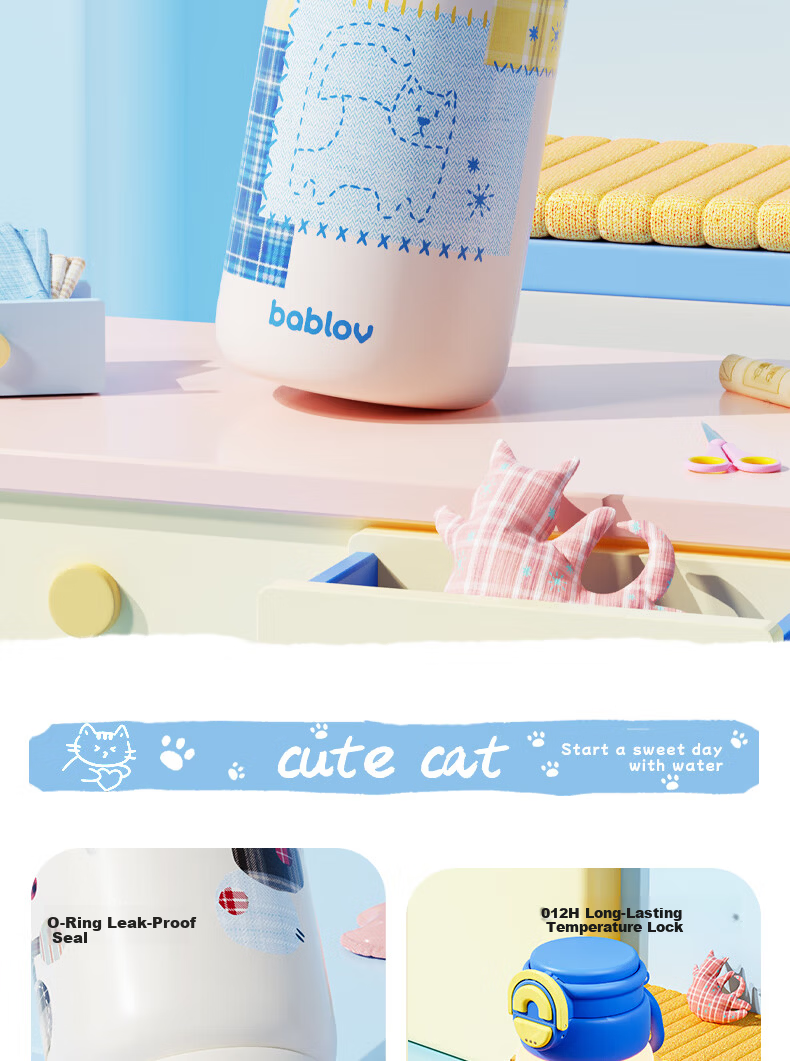 BABLOV Kids Insulated Stainless Steel Straw Water Bottle Student School Portable High-Quality Girls Cup 2