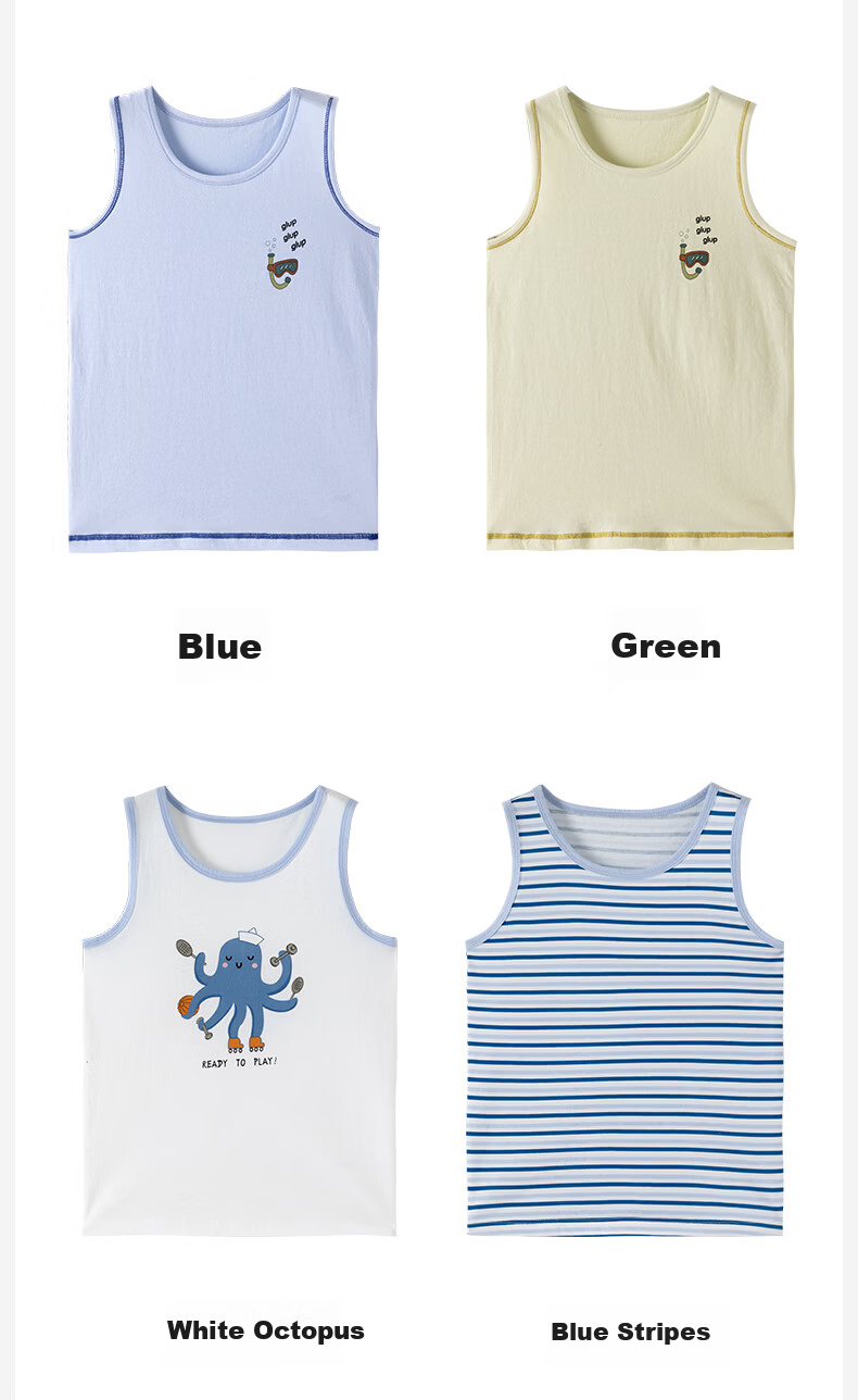 Dingguagua Boys' Cotton Breathable Vest 2-Pack Sleeveless Undershirts Belly Protection Spring Autumn White+Blue 160 11