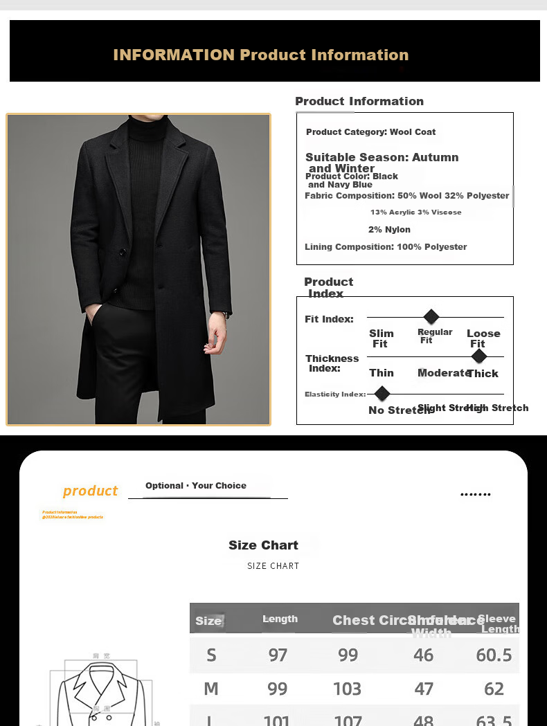 ROMON Autumn Winter Woolen Coat Business Casual Trendy Men's Trench Coat 1930 Navy Blue 2XL 2