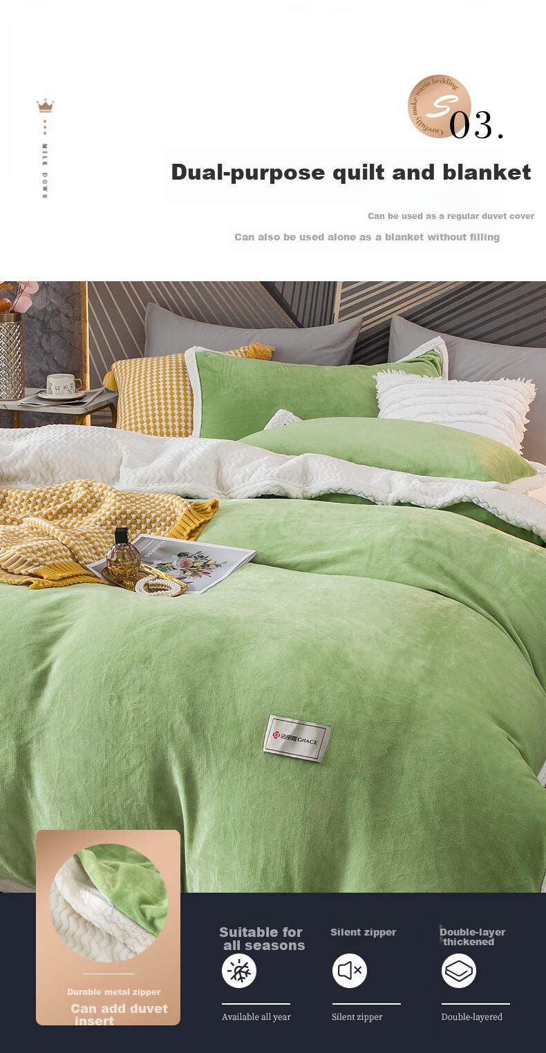 Grace Baby Velvet Quilt Cover Autumn Winter Thickened Single Student Dormitory 180*200cm Green 6