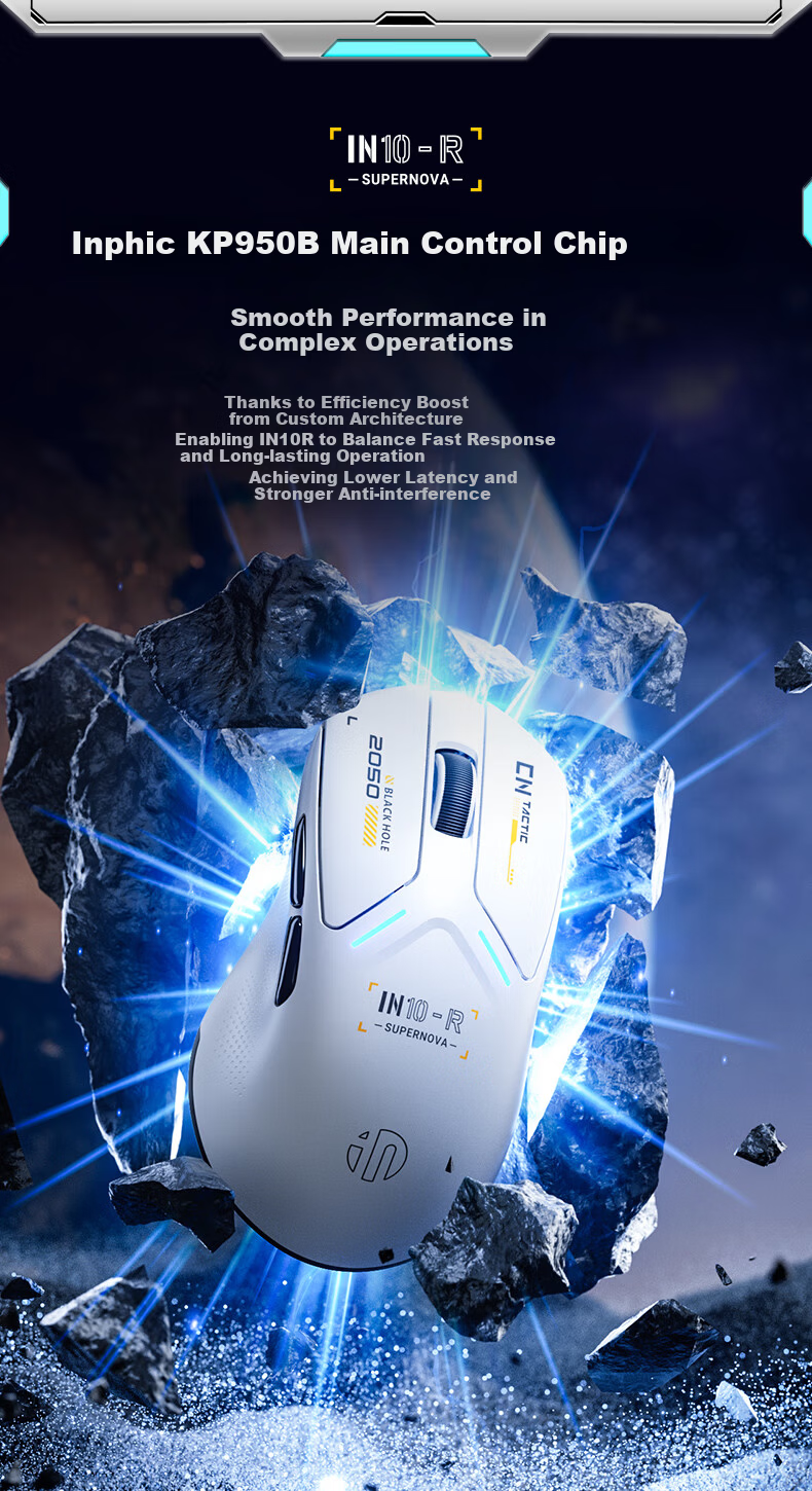 INPHIC IN10R Wireless Gaming Mouse Wired Bluetooth Tri-Mode PAW3395 Lightweight Right-Hand Ergonomic Claw Grip 26,000 DPI 8K Report Rate Starry White 5