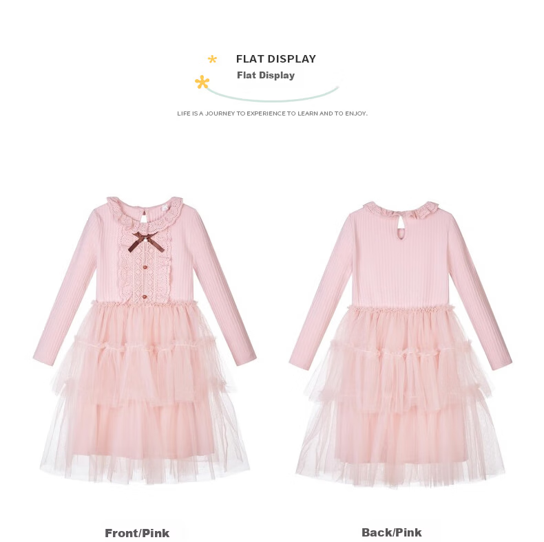 Follow Me Girls' Dress Spring And Autumn Sweet Tulle Knit Dress for School Performances, Pink, Size 150 6