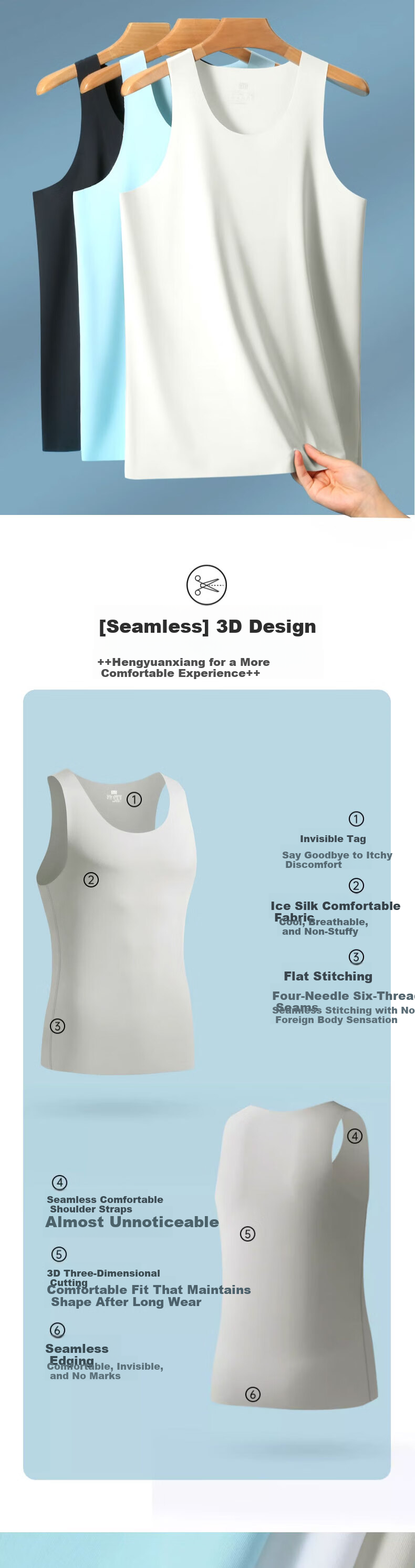 Hengyuanxiang Men's Seamless Ice Silk Vest Large Size Loose Sleeveless Sweat-Absorbing Thin White 8