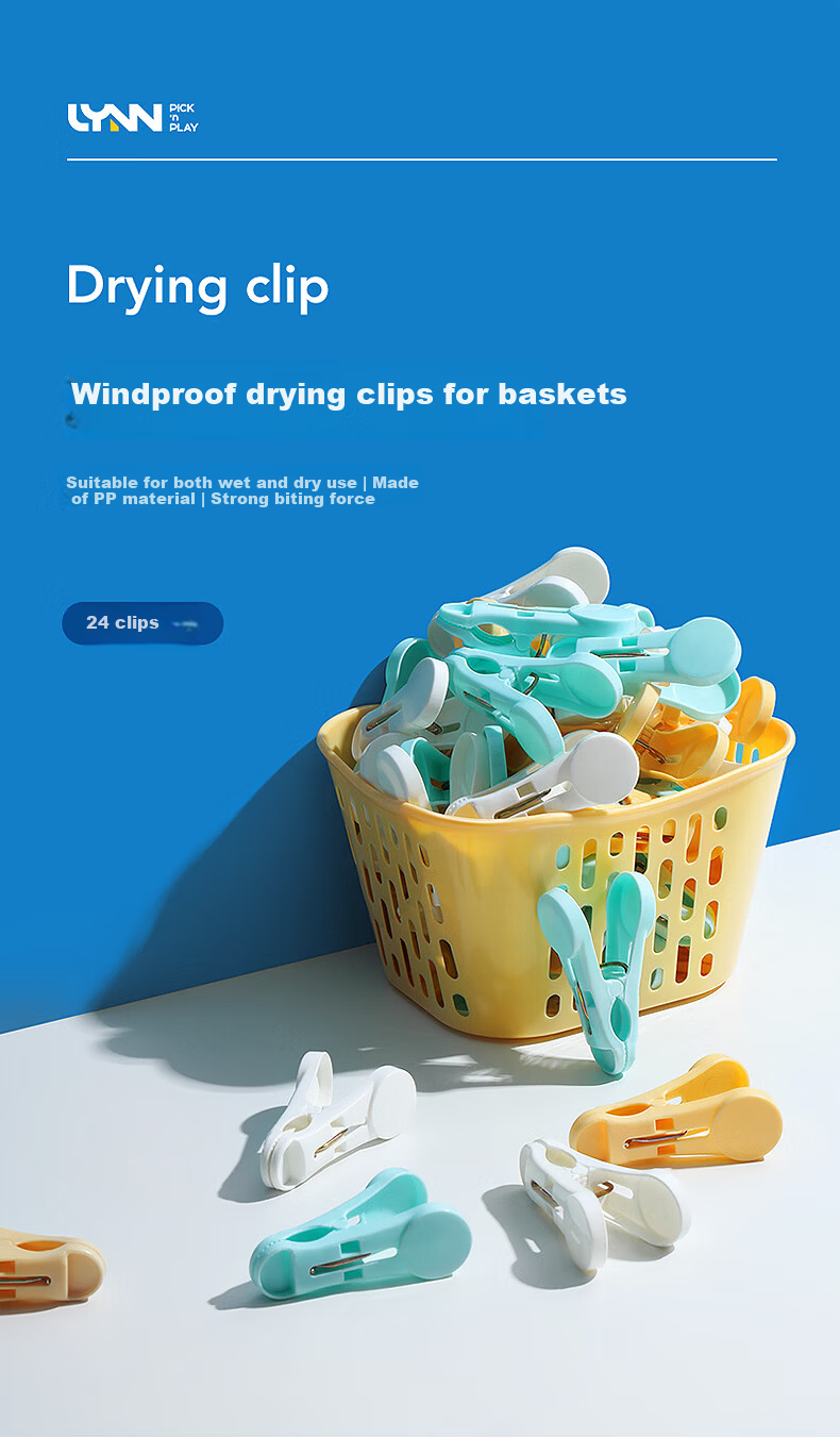 LYNN Plastic Clothes Pegs, 24-Pack Windproof Laundry Clips for Socks, Sheets, and Underwear 1