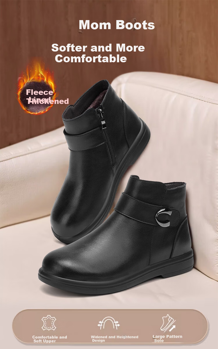 Zulijian Winter Fleece-Lined Women's Warm Leather Boots Mid-Aged Cotton Leather Short Boots Black 35 6283K 1