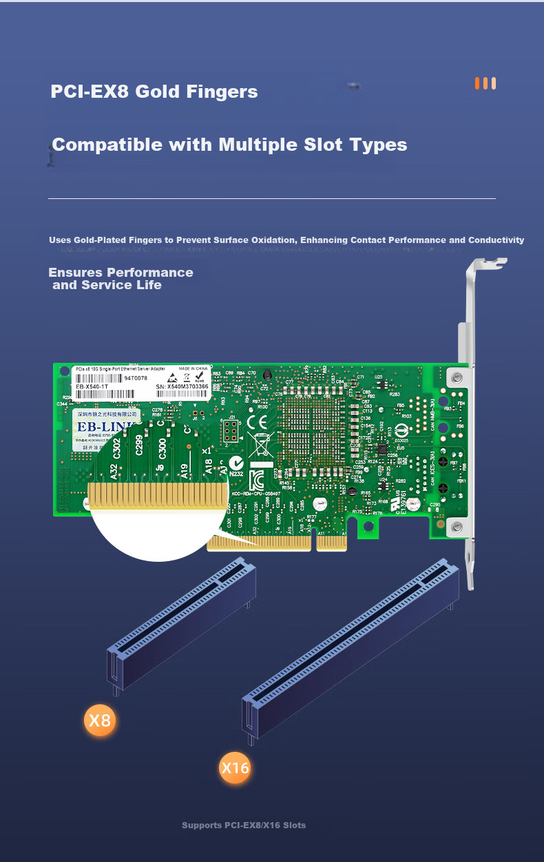 EB-LINK Intel X540 Chip PCI-E X8 10G Single Port Server Network Card X540-T1 Network Adapter 10G Copper Cable Link Aggregation Virtual Machine 8