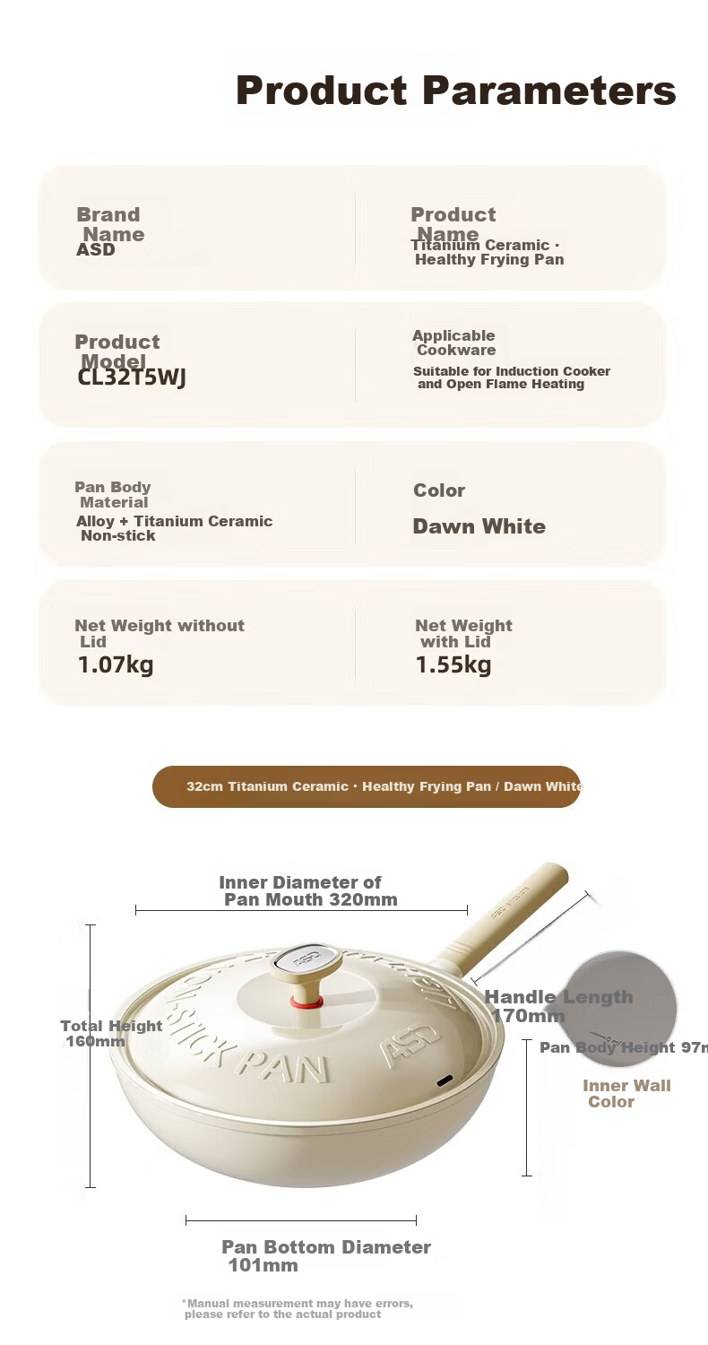 ASD Titanium Ceramic 0-Fluorine Non-Stick Frying Pan Titanium Cookware 32cm Induction Compatible T5 Outer White Inner Gray Cloud Pro 5