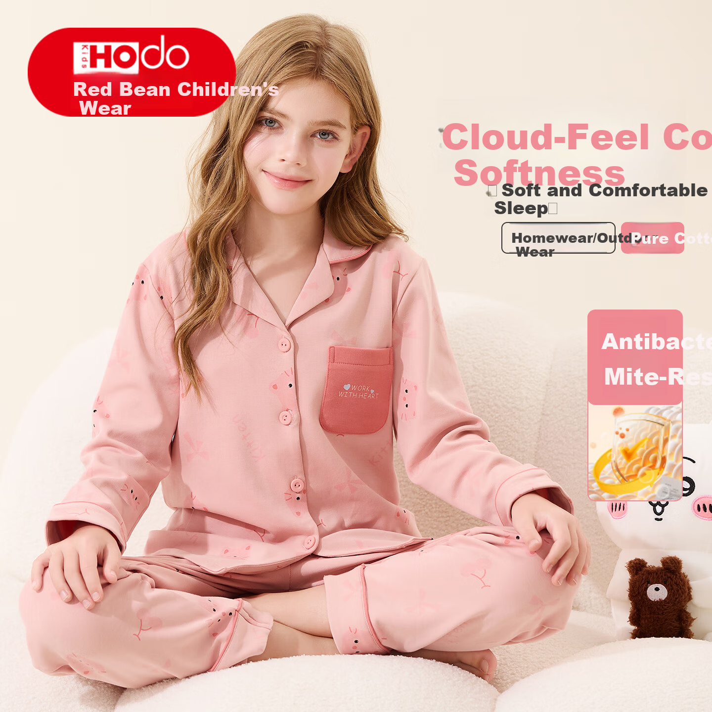 Hodo Kids Pajamas Class A Girls Antibacterial Anti-Mite Spring Summer 100% Cotton Mid-Large Children Cardigan Printed Homewear Set