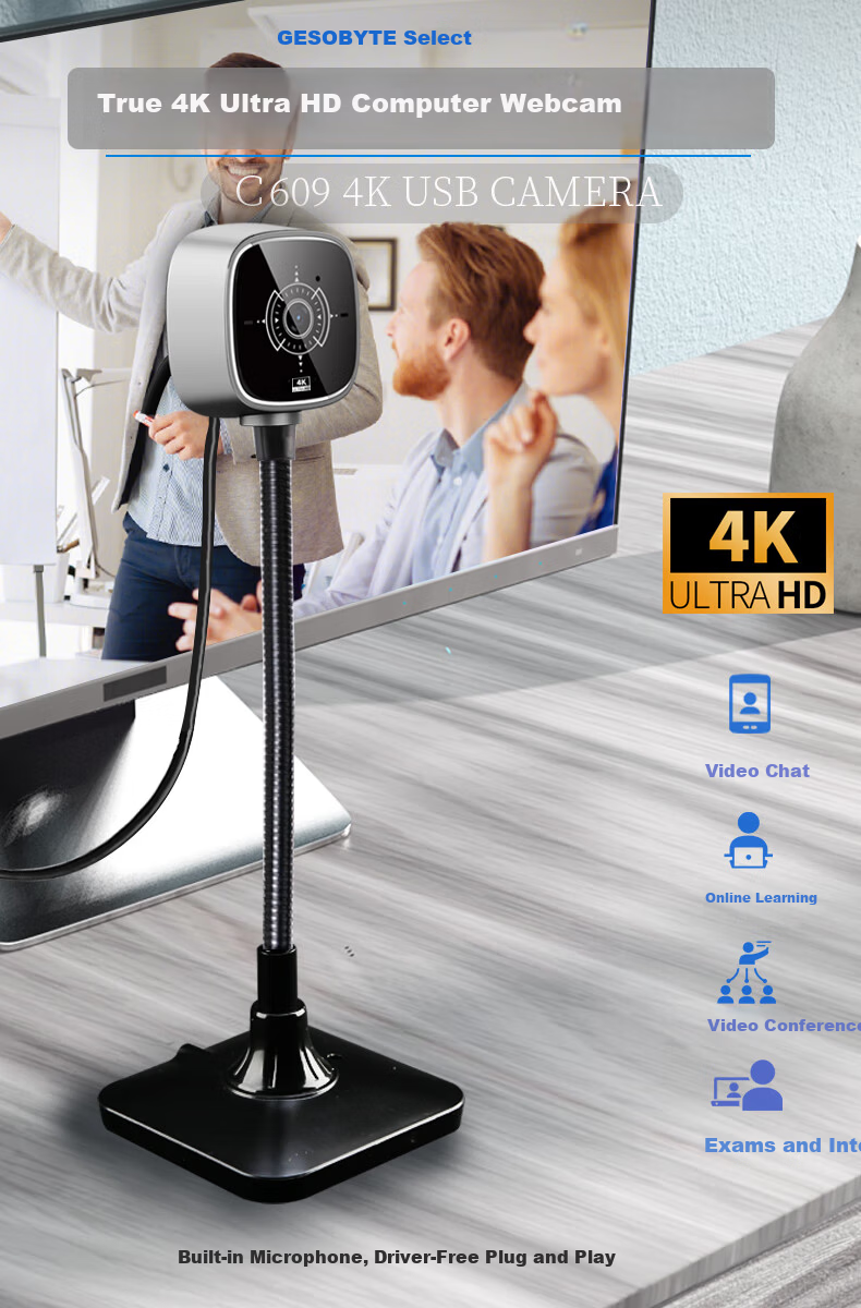 GESOBYTE C609 4K HD Live Streaming Webcam with Stand, USB Plug-and-Play Microphone for Video Calls, Conference, Online Teaching, Compatible with Laptop and Desktop 1