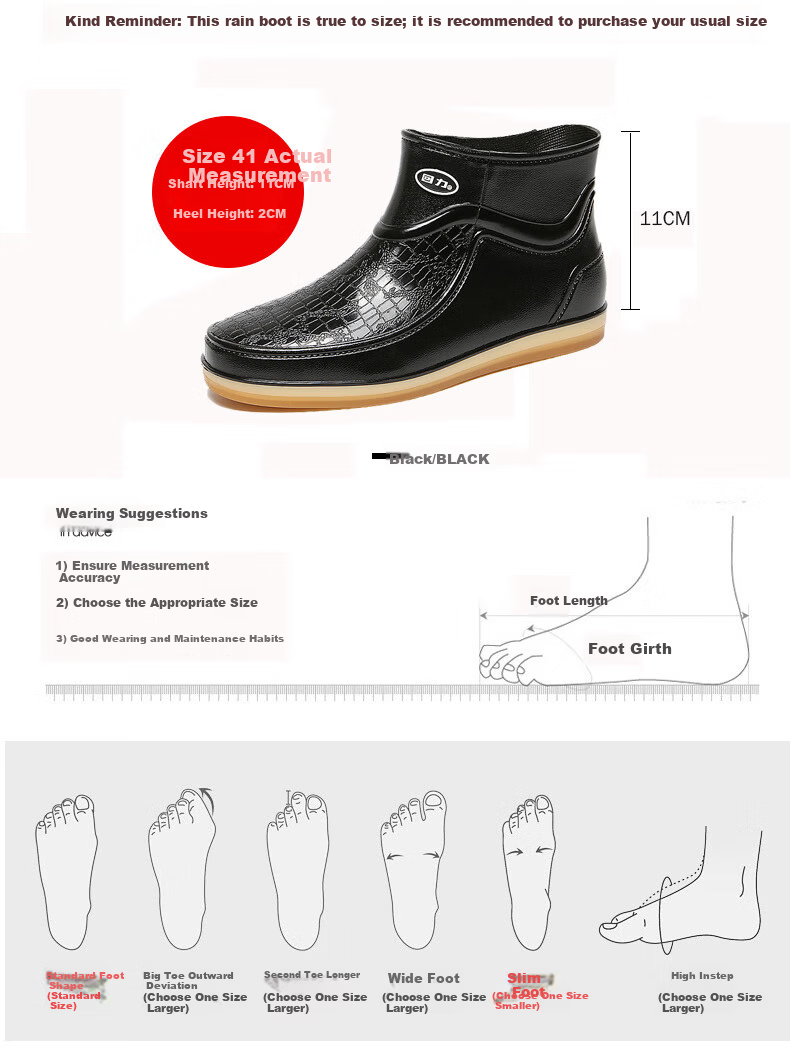 Warrior Rain Boots, Men's Short Fashion Low-Top Adult Waterproof Shoes, Rubber Boots, Rain Boots, Overshoes, 8657 Black, Size 40 5