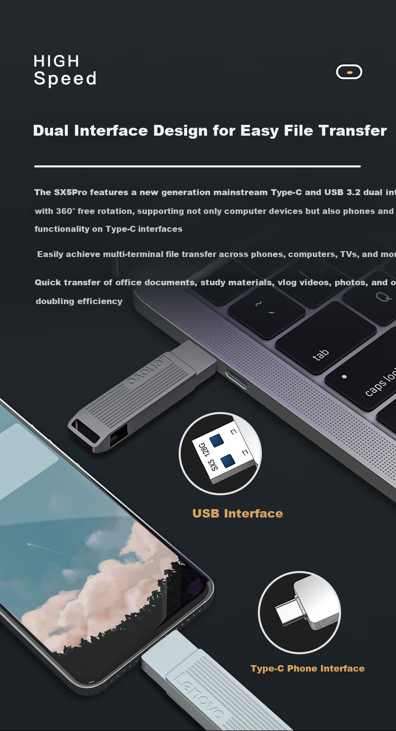 Lenovo 128GB Solid State USB Flash Drive Type-C/USB3.2 Dual Interface Rotating USB Drive for Mobile and PC 500MB/s Read Speed SX5Pro Series Gray 5