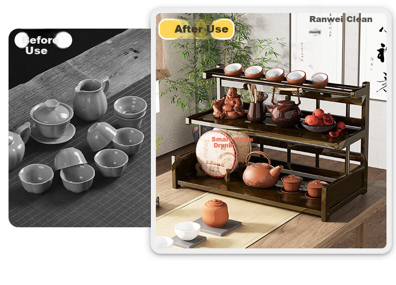 Wo Jia Tea Set Storage Rack Desktop Small Antique Display Shelf Tea Table Tea Cabinet Tea Rack Tea Leaf and Tea Cup Holder Organizer 6