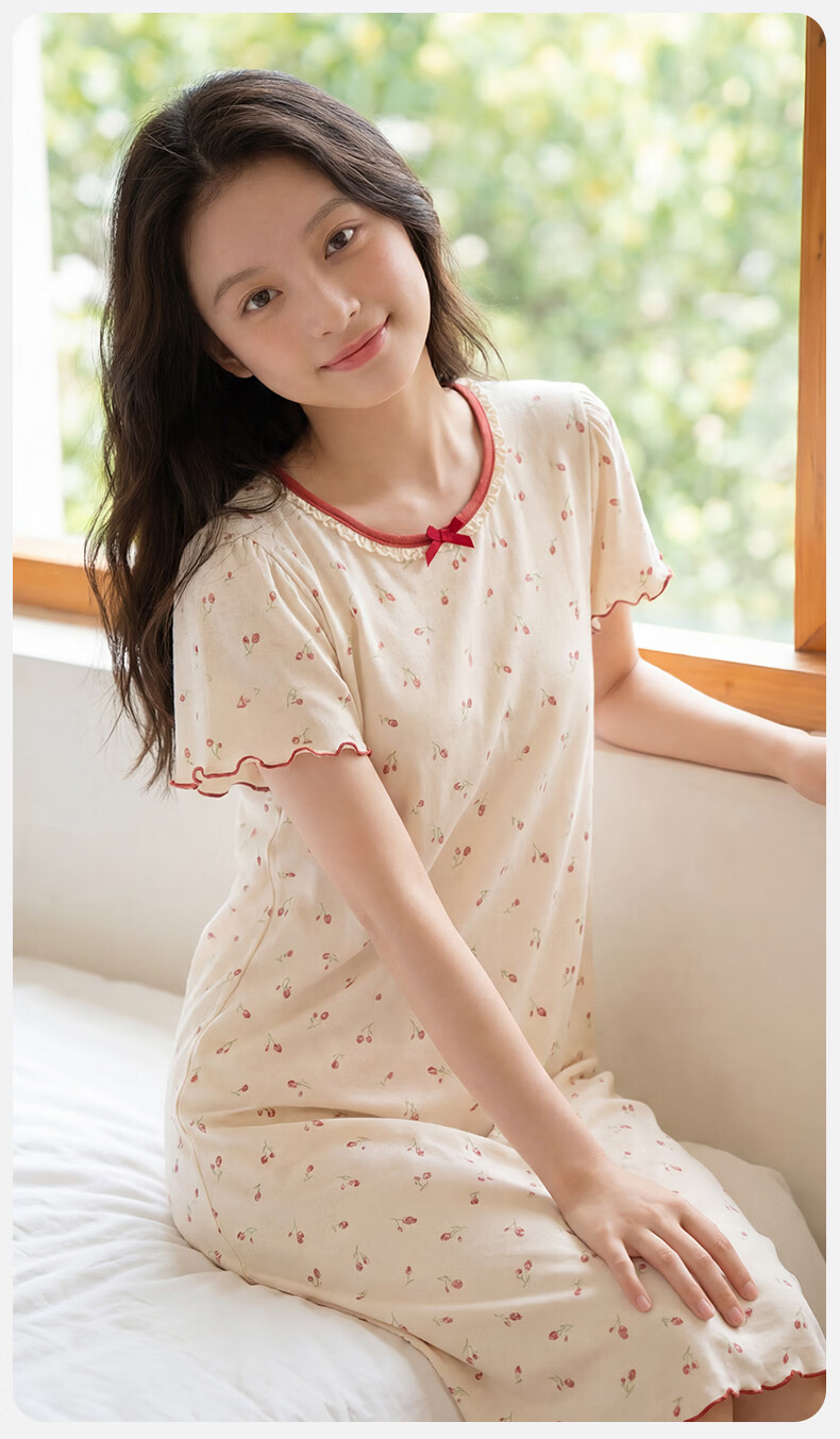 Dingguagua Children's Nightdress 6-12 Years A-Class Cotton Breathable Girls Short Sleeve Summer Home Dress 140cm 8