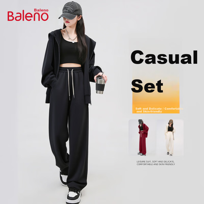 Baleno Women's Casual Sports Suit 2026 New Spring Autumn Loose Full Set Cardigan Jacket Sweatshirt Pants Petite
