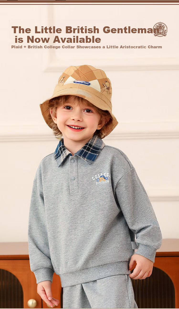 Classic Teddy Boys' Set Children's Sweatshirt and Sweatpants 2-Piece Mid-Child Spring Polo Collar Plaid Outfit Light Gray 130 2