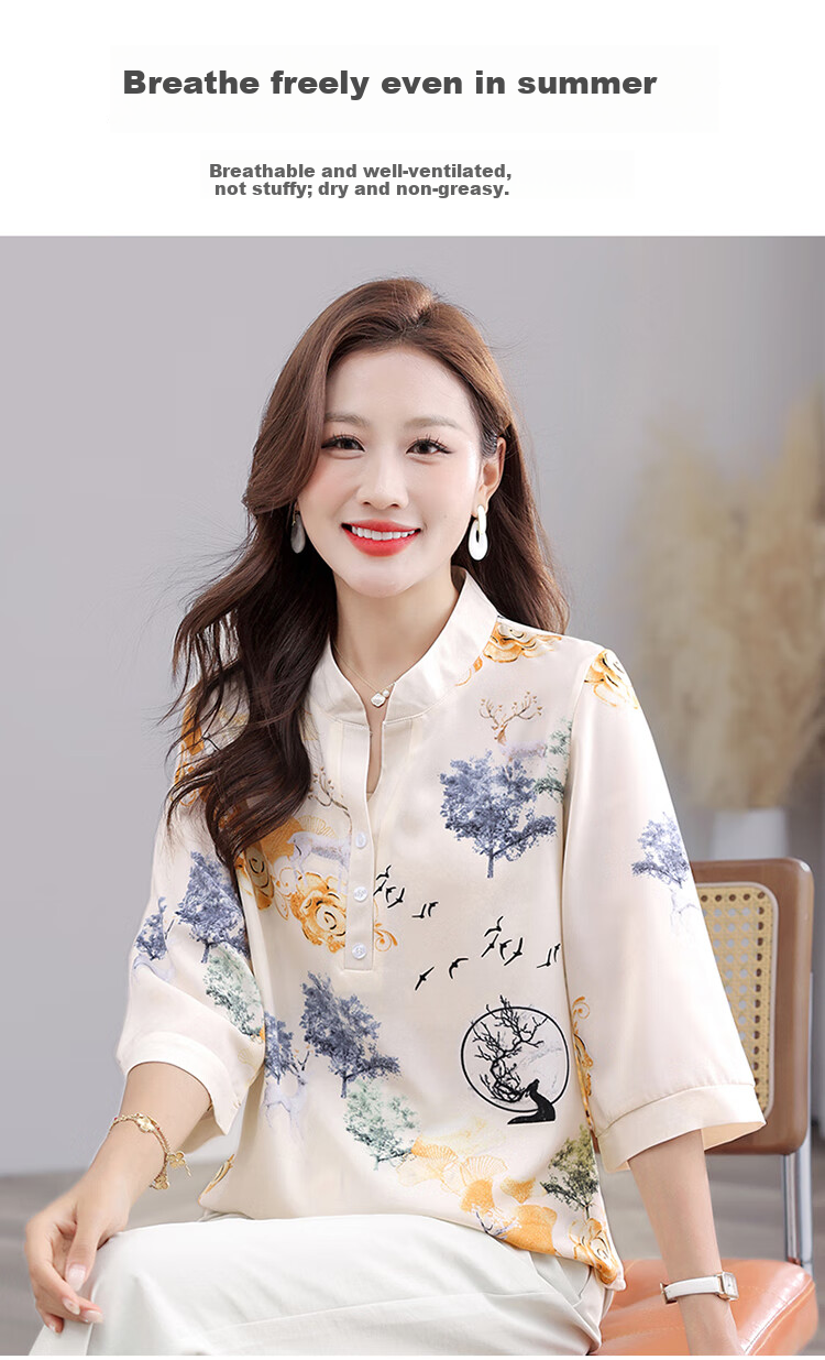Woodpecker Women's Short Sleeve T-Shirt Casual Floral Shirt Middle-aged and Elderly Mom Loose Elegant Top Summer Blue 2XL 7