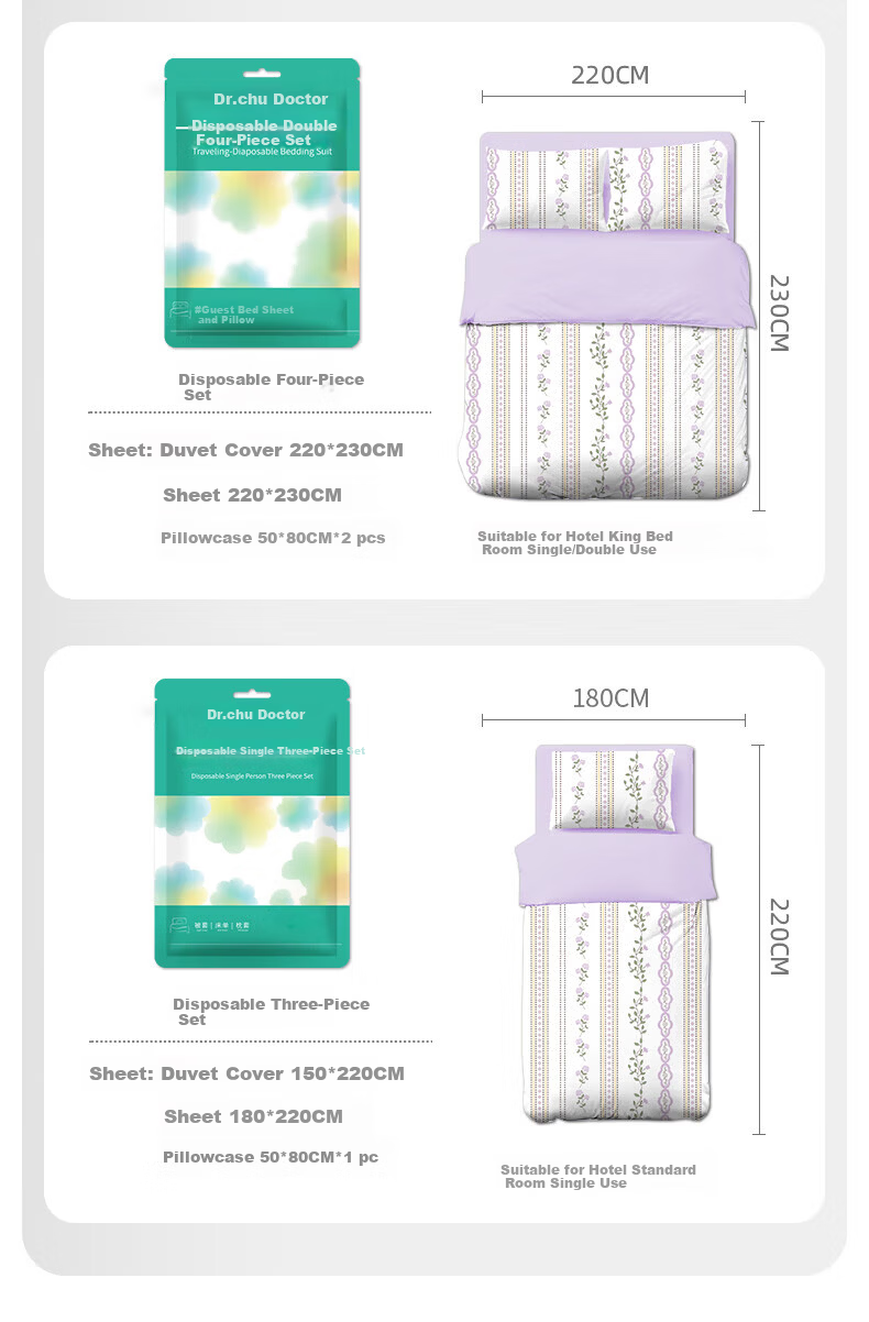CHUYISHENG Train Sleeper Disposable Three-Piece Set: Bed Sheet, Duvet Cover, Pillowcase for Standard Single Bed Travel Bedding Four-Piece Set 6