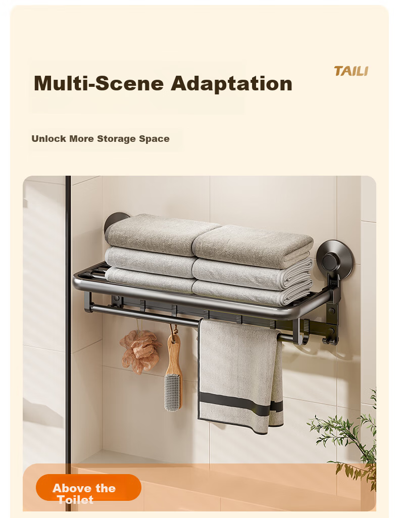 Taili Bathroom Wall-Mounted Storage Rack 4-Piece Set, No-Drill Bathroom Shelf, Nail-Free Towel and Bath Towel Hooks, Corner Rack 8