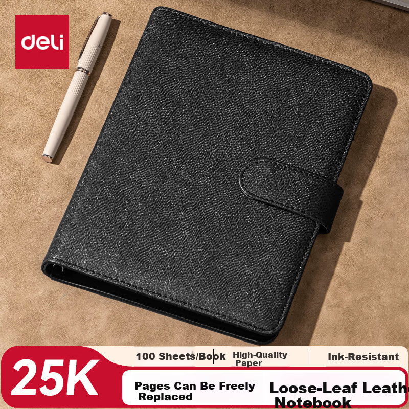 Deli 25K 100-Sheet Notebook Refillable Loose-Leaf Leather Cover 233x178mm Black 3151