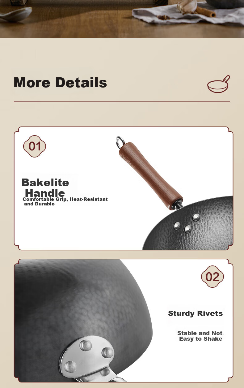 SUPOR Iron Wok, Pure Iron Non-Stick Pan without Coating, Household Stir-Fry Pan, Frying Pan with Hammered Texture, Physical Non-Stick 6