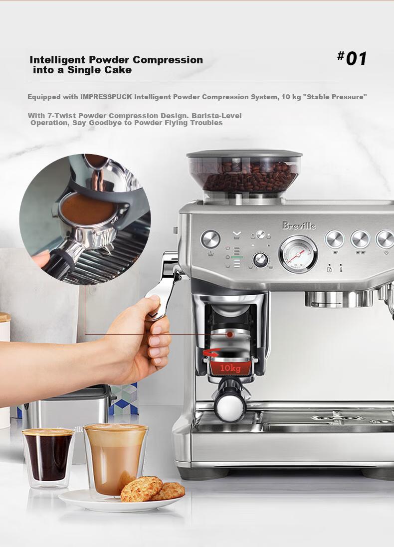 Breville BES876 Semi-Automatic Espresso Machine Home Italian Integrated Grinder and Milk Frother Smart Tamper Assistance System Large Capacity Water Tank 25-Level Grinder White 4