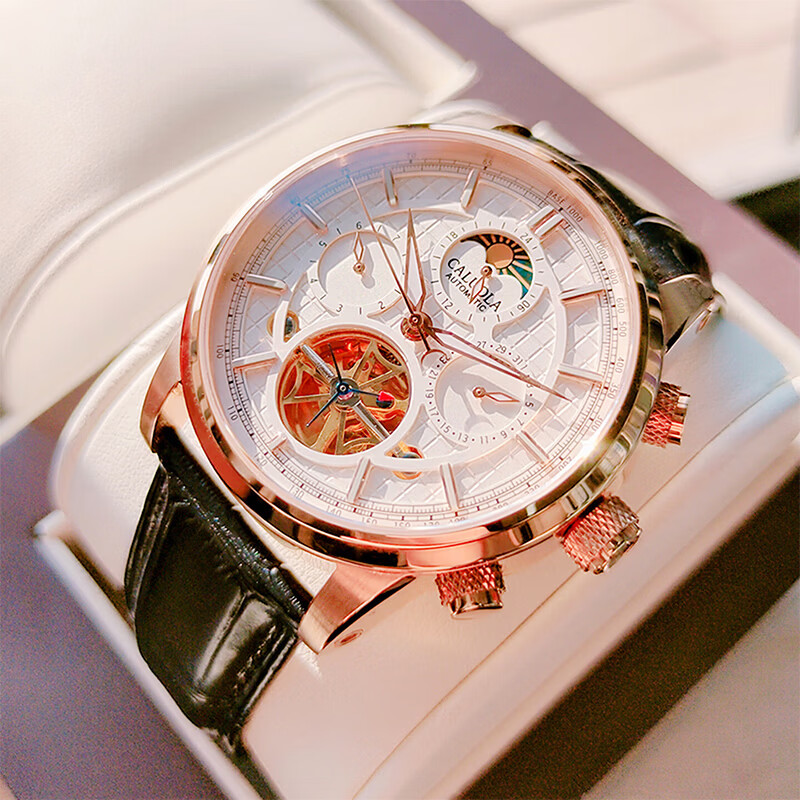 CALUOLA Men's Automatic Mechanical Watch Multifunction Leather Strap Fashion Business Wristwatch Birthday Gift