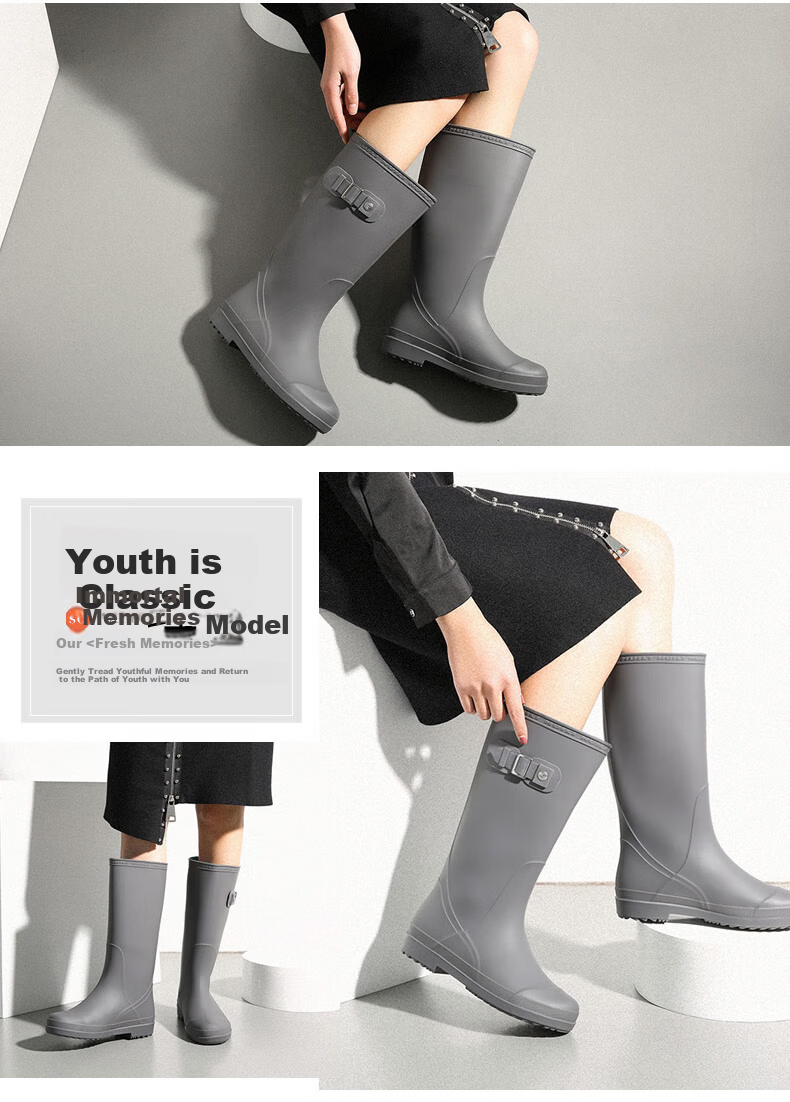 Warrior Women's Fashion Adult High Tube Rain Boots Waterproof Shoes Rubber Boots HXL73-B Gray Size 36 7