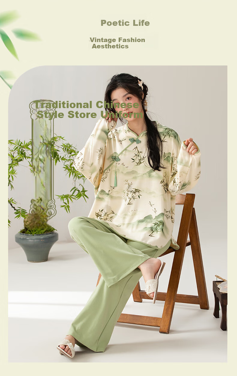 Borui Guofeng 100% Cotton Women's Autumn Winter Chinese Style Bamboo Forest Print Round Neck Pullover Pajamas Suitable for Outdoor Wear 11