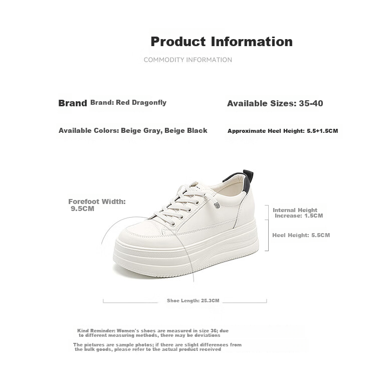 Red Dragonfly Women's Classic Thick Sole Height Increasing White Sneakers Simple Versatile Casual Shoes WPB15032 Beige/Black Size 36 6