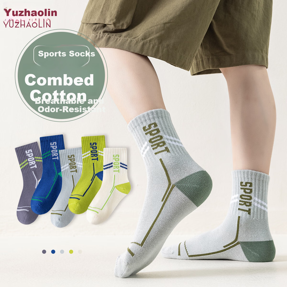 Yuzhaolin 5 Pairs Boys' Cotton Mid-Calf Sports Socks Anti-Odor for Spring and Summer Children and Teenagers