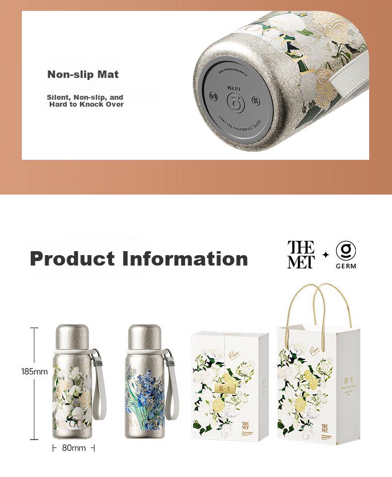 Germ Pure Titanium Insulated Thermos Van Gogh Collaboration Temperature Display Water Bottle Women's Direct Drinking Tea Cup Gift Box 580ML Rose 16