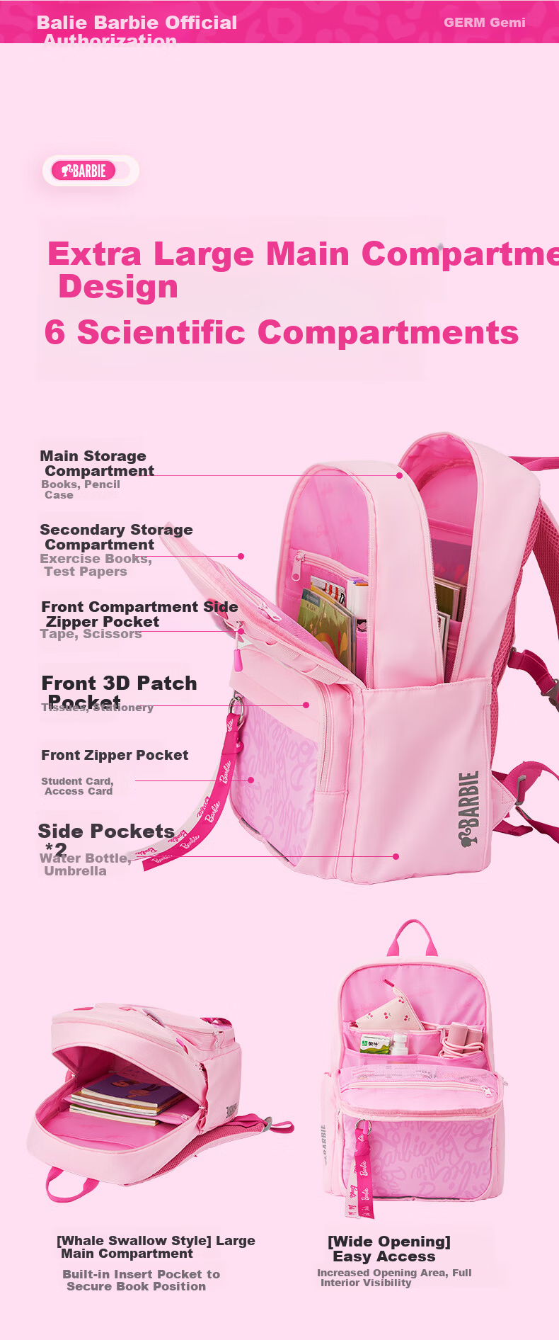 Germ Lightweight Large Capacity School Backpack for Elementary and Middle School Girls Grades 4-6 6
