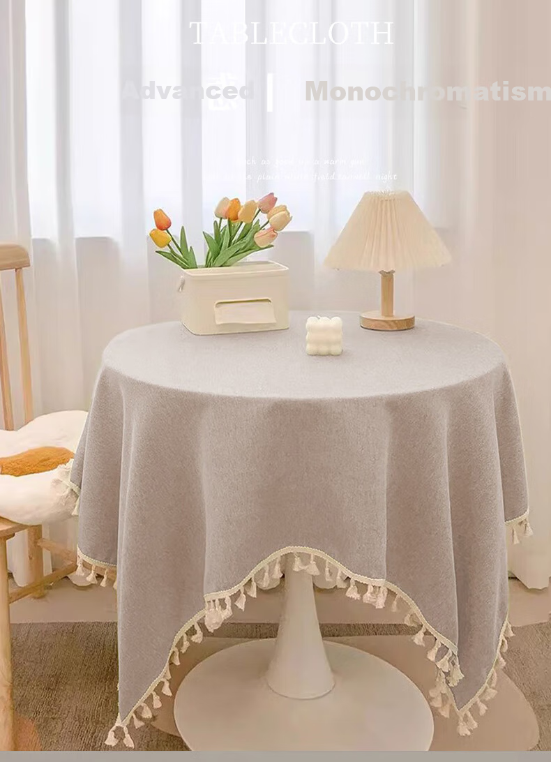 MUJI TPU Tablecloth Waterproof Oil-Resistant Cotton Linen Round Tassel Table Cover 90x90 Beige 1