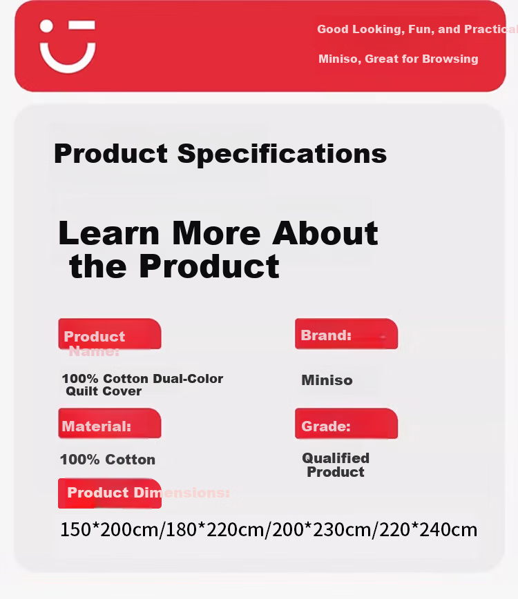 MINISO 100% Pure Cotton Duvet Cover, 220x240cm, All-Cotton Quilt Cover, Single Piece, for Dormitory Or Home Use, Double Size, 2.2m X 2.4m 9