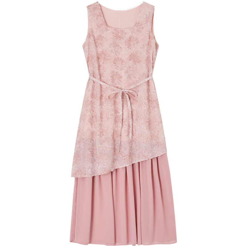 Demana Summer Faux Two-Piece Spliced Chiffon Lightweight Loose Sleeveless A-Line Mid-Length Dress with Cutwork and Print