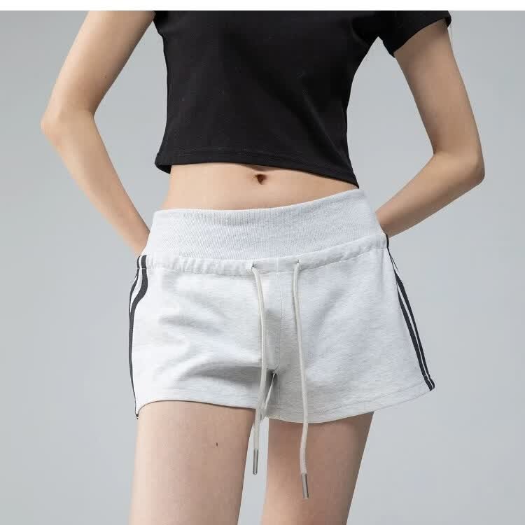 ICH MODE American Style Striped High-Waist Shorts for Women Summer Slim Straight Sports Sweatpants Casual Pants Red S