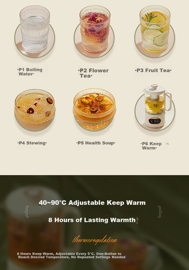 LOCK&LOCK Glass Health Pot Temperature Control Portable Electric Kettle Desktop Electric Stew Cup Office Heating Kettle EJK3495GRN 12