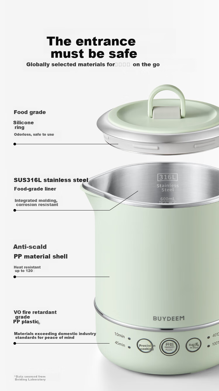 Buydeem TK66 Multifunctional Portable Electric Kettle Stainless Steel Temperature Control Small Capacity Office Kettle Mini Travel Kettle Light Cedar Green 9