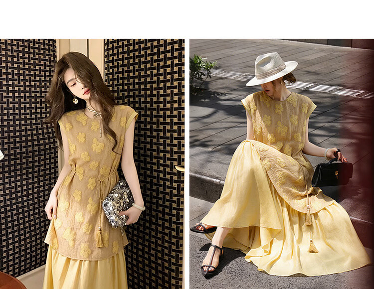 MT Patchwork Lyocell Summer Vacation Floral Texture Round Neck Tassel Tie Waist Flowing Slim Fit Women's Dress 11