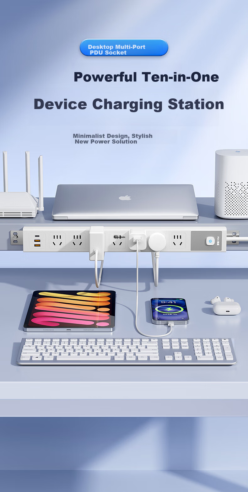 Sushiermo PDU Wireless Gaming Power Strip with Overload and Overpower Protection - 7-Port 2U1C Master Control Switch, Under-Desk Rack-Mounted Self-Wiring Socket 1