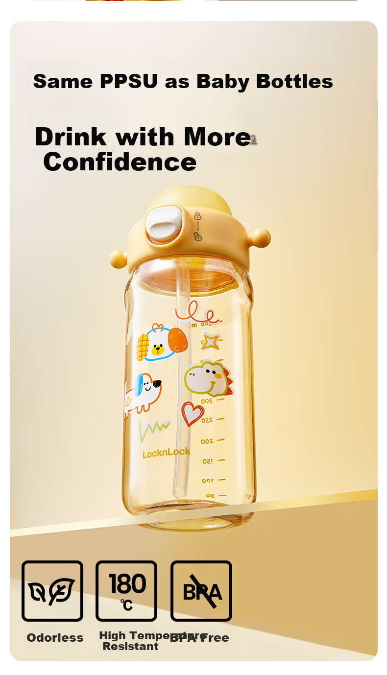 Lock&Lock Kids Water Bottle Summer PPSU Straw Cup 3-6 Years Old Kindergarten Student Direct Drinking Cup 3