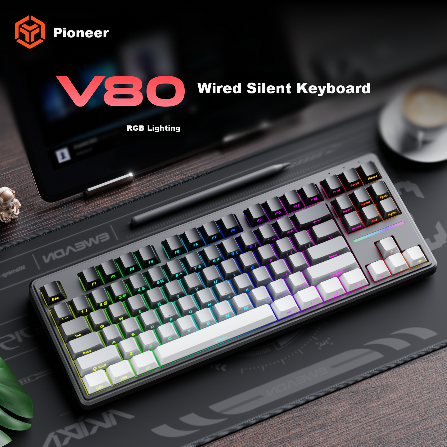 EWEADN V80 Wired Silent Mechanical Keyboard High-Quality Gradient Side-Printed 87-Key Portable RGB Backlit Gaming Office Laptop Peripheral for Women