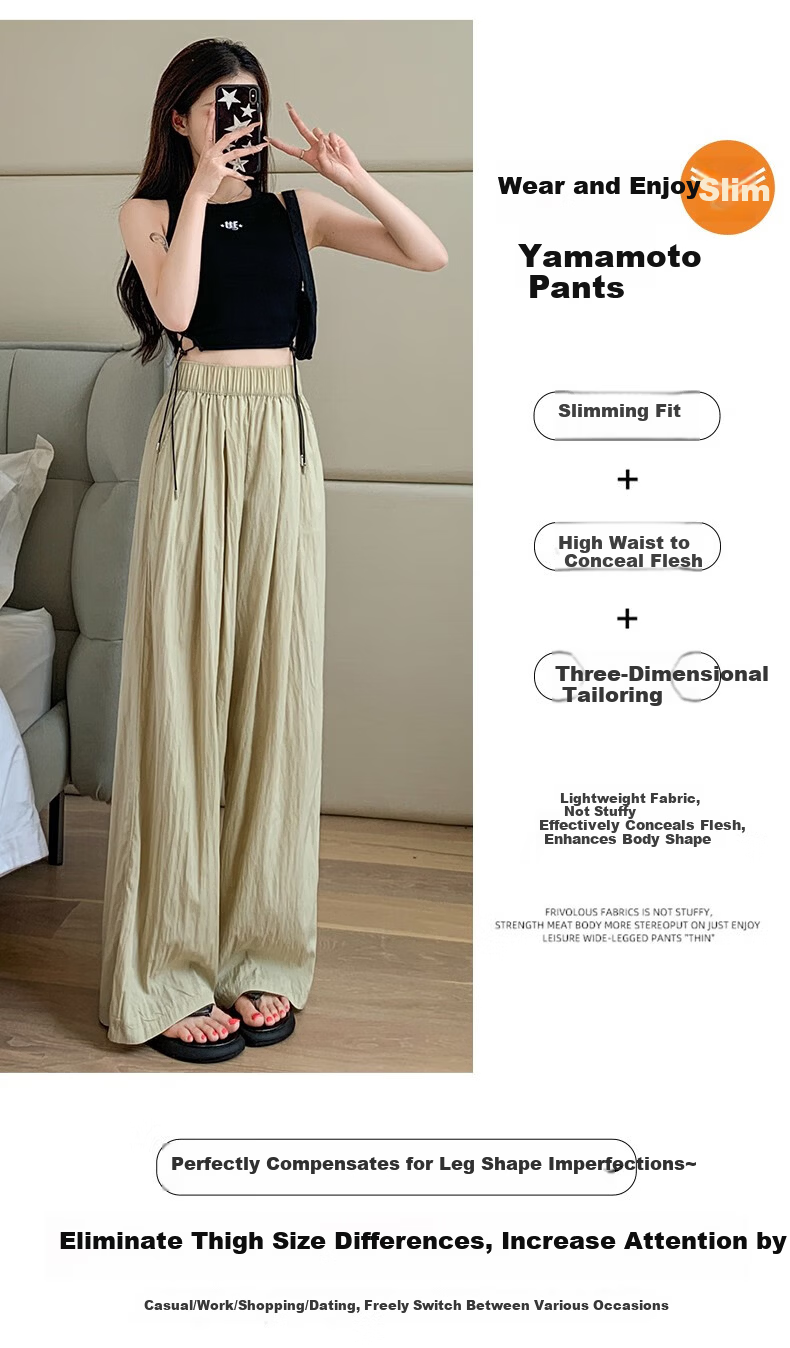 LangSha Ice Silk Wide-Leg Pants for Women, Summer High-Waisted Draping Straight Cotton Linen Casual Trousers, Japanese-Style Yamamoto Pants, Women's Lazy Style 11