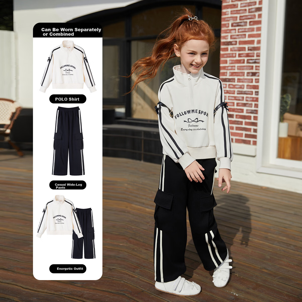 Follow Me Girls' Spring New Sweet Stylish Polo Collar Top and Casual Wide-Leg Pants Two-Piece Set Beige/Black 130
