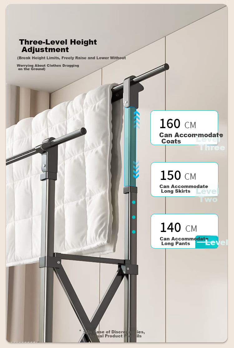 Hotata Floor-Standing Clothes Drying Rack Home Adjustable Double Rod with Drying Net Universal Wheels Mobile Outdoor H-Frame Drying Rack 3