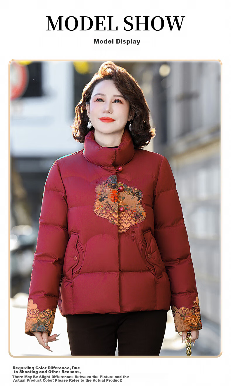 SNOWFLYING Women's Short Down Jacket 2025 Winter Loose Warm Stand Collar 90% Down Coat Mom Style Dark Red L 8