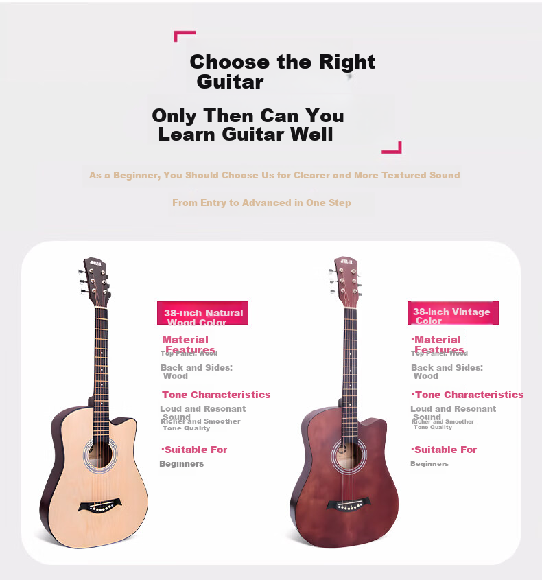 Maner Musical Instruments 38-inch Acoustic Guitar Beginner Folk Guitar Western String Instrument with Full Accessories Natural Wood Color 4