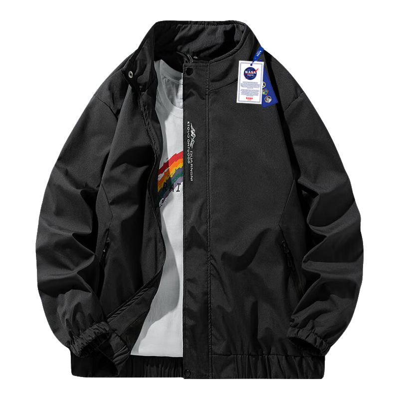 NASA GISS Official Trendy Jacket for Men, Fashionable Spring And Autumn Stand-Up Collar Loose Casual Versatile Coat for Men, Black, 2XL