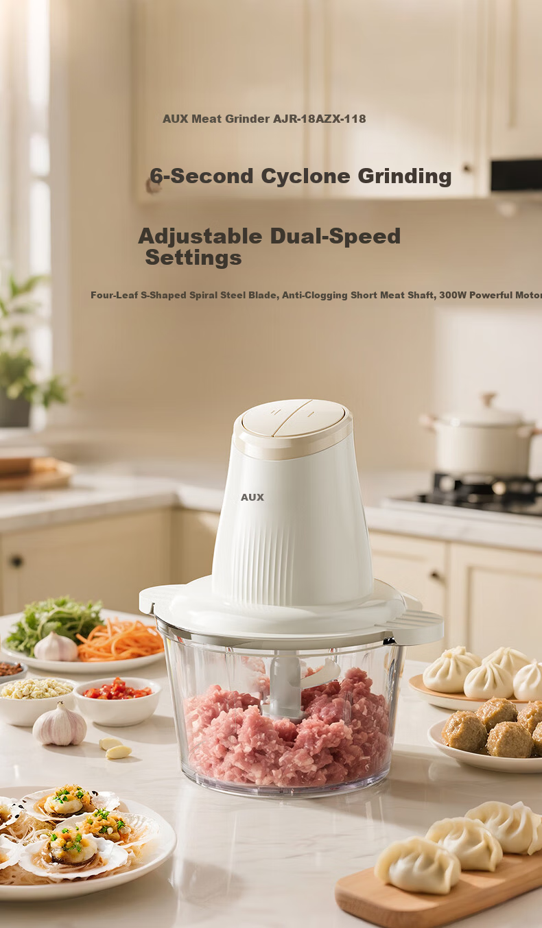 AUX AJR-18AZX-117 White Electric Multifunctional Household Meat Grinder Stainless Steel Meat Mincer Garlic Paste Machine Dual Blades 4